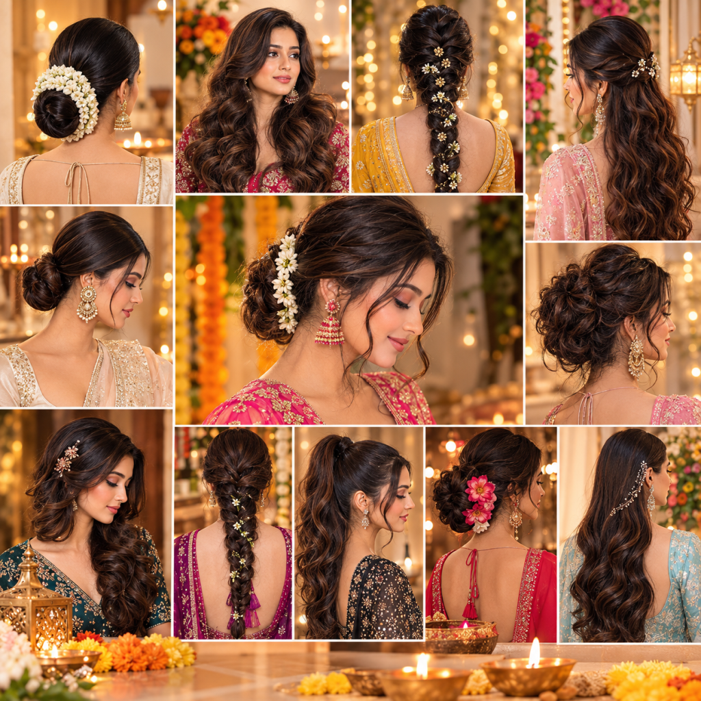 Elegant Diwali hairstyle with traditional Indian gajra and gold hair accessories in Dubai
