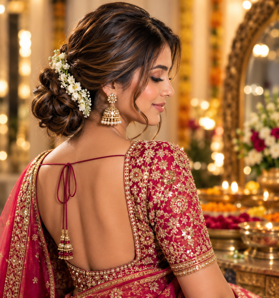 Indian wedding hairstyle in Dubai featuring an elegant low chignon with white flowers, traditional bridal jewelry, and festive styling.