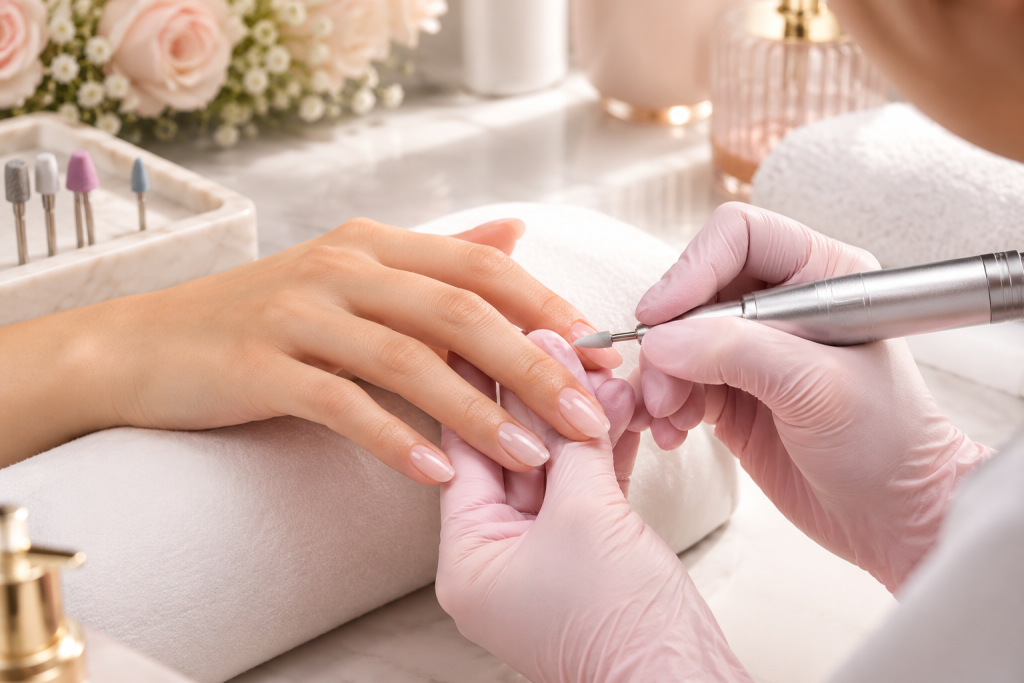 Russian manicure in Dubai showing detailed cuticle preparation and a neat, polished nail finish.
