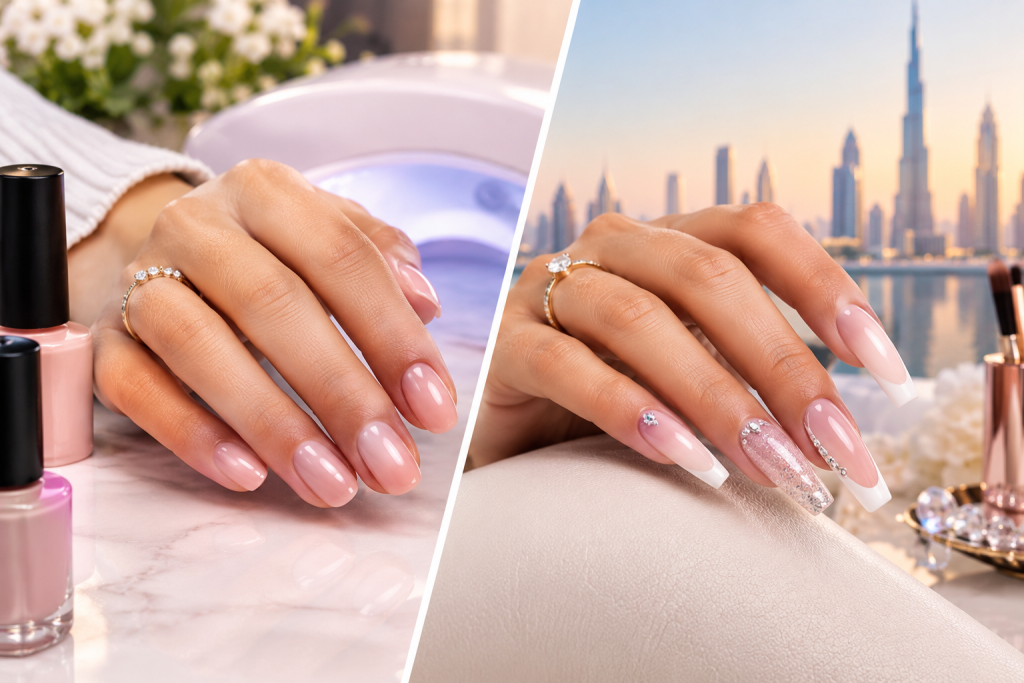 Gel nails vs acrylic nails comparison featuring elegant pink gel manicures and long French acrylic nails with glitter and rhinestone accents, with a luxury Dubai skyline backdrop.